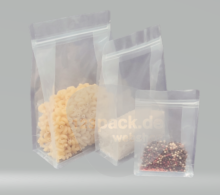 Flachbodenbeutel / Box Pouch mit Zip, transparent (180+90 x 300 mm) 1000g