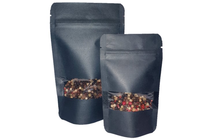 Standbodenbeutel Kraftpapier schwarz m. Fenster 110x185mm 250ml