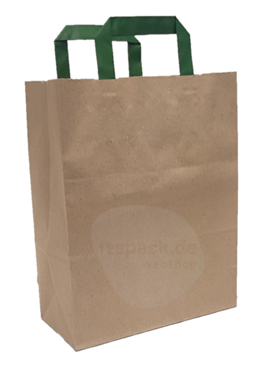 Graspapiertasche braun – mit grünen Innenflachhenkel 220+100x280mm